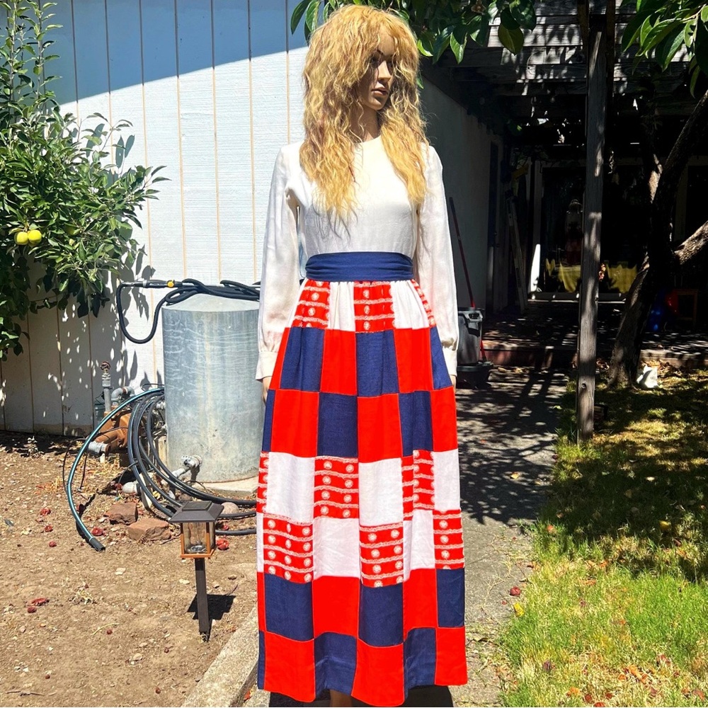1970s Home Sewn Heavy Linen Patriotic Prairie Maxi Dress